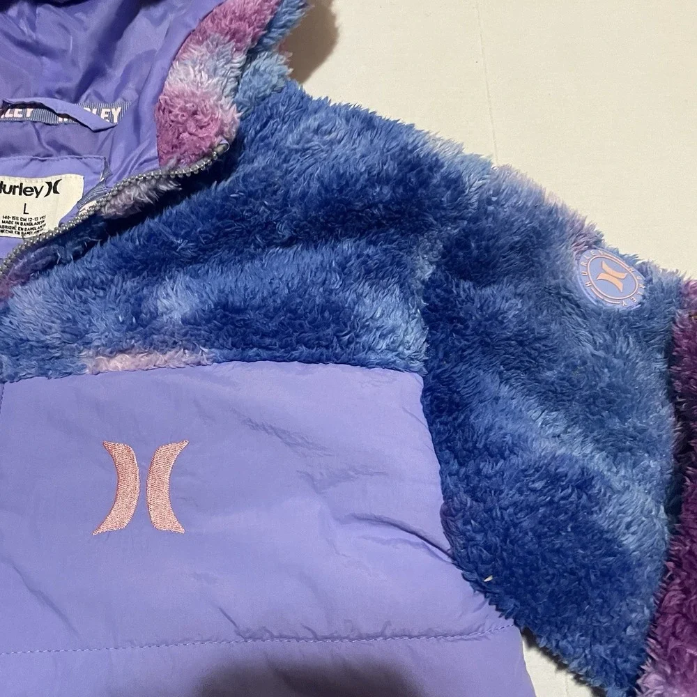 Hurley Girls Jacket Youth Large 12-13 Purple Fleece Puffer Hooded Full Zip‎